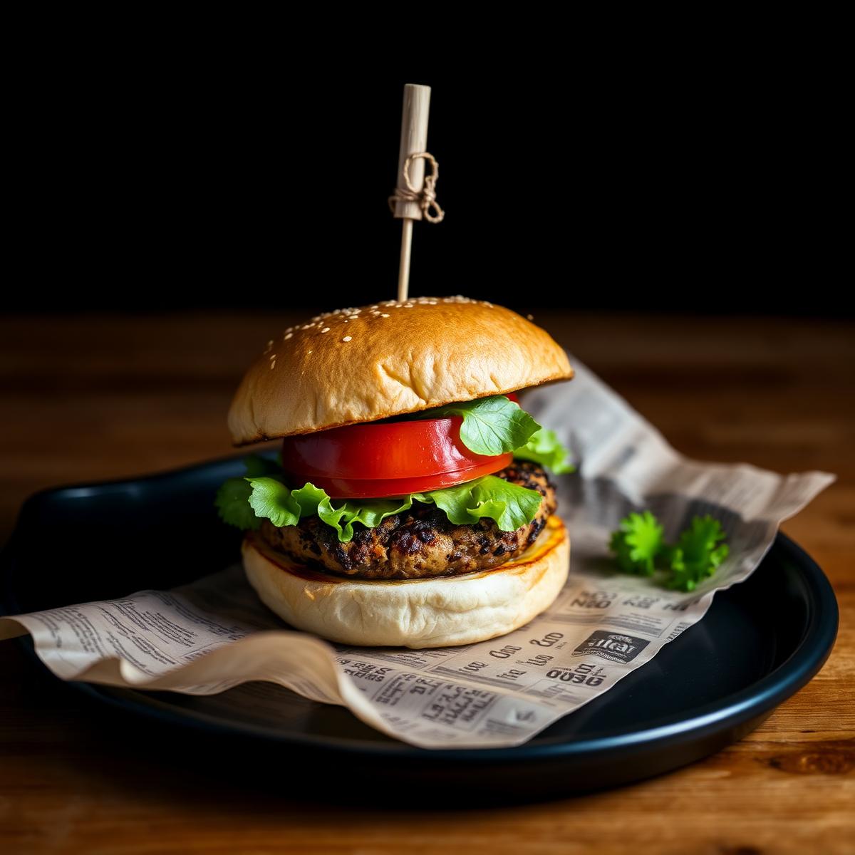 Vegan burger s biljnim pljeskavicom na novinskom papiru